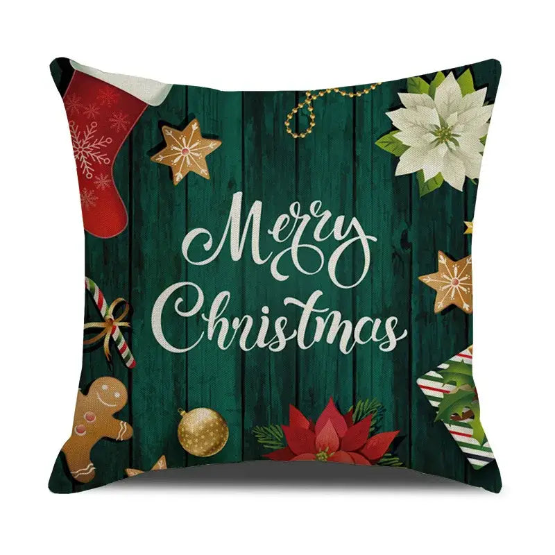 DecorBites Christmas deer linen cushion cover in green with merry christmas design for festive home decor