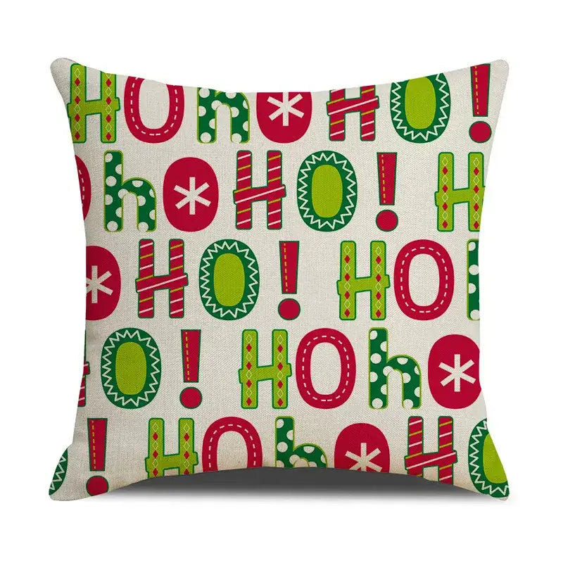 Decorbites christmas deer cushion cover with festive ho ho ho pattern in red green white on beige christmas deer linen