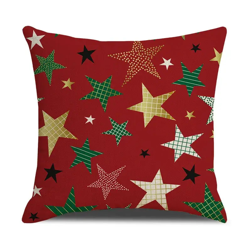 Red throw pillow cushion cover with festive green gold black and white star pattern for decorbites christmas deer linen