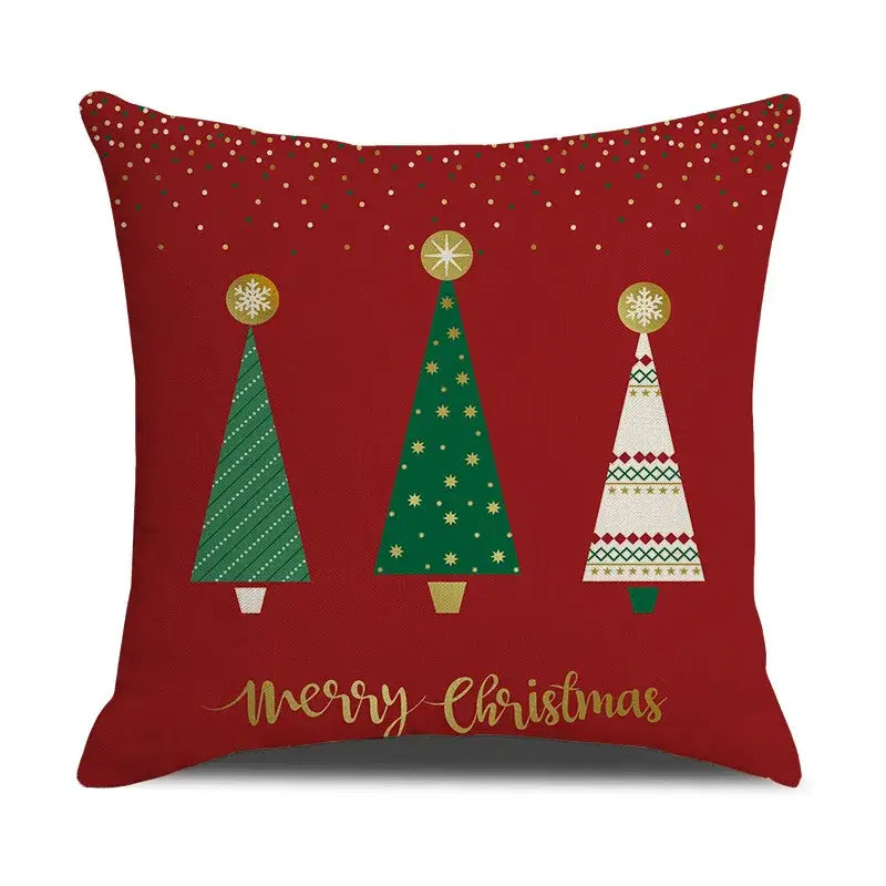 Red decorbites christmas deer linen cushion cover with three stylized festive trees and merry christmas script