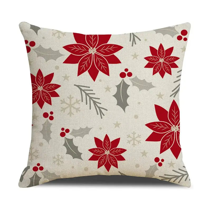 Decorbites christmas deer linen cushion cover with red poinsettias gray holly leaves and subtle snowflakes on off-white fabric