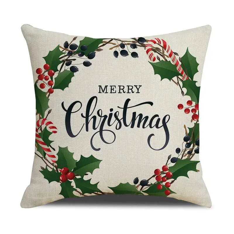 Beige linen cushion cover with festive christmas wreath design holly berries candy canes and merry christmas script by decorbites christmas deer