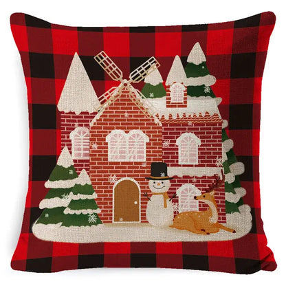 Red and black plaid linen pillow cover with festive gingerbread house snowman reindeer decorbites christmas deer design
