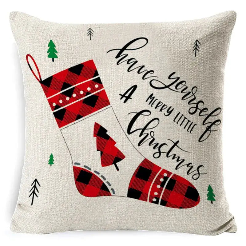 Beige linen pillow cover with red and black plaid christmas stocking design and christmas deer by decorbites christmas deer