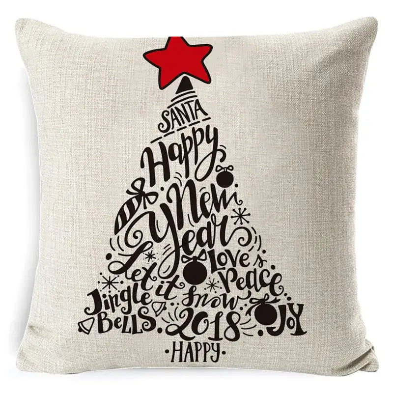 Beige linen pillow cover with festive christmas tree design and red star by decorbites christmas deer for sofa decor