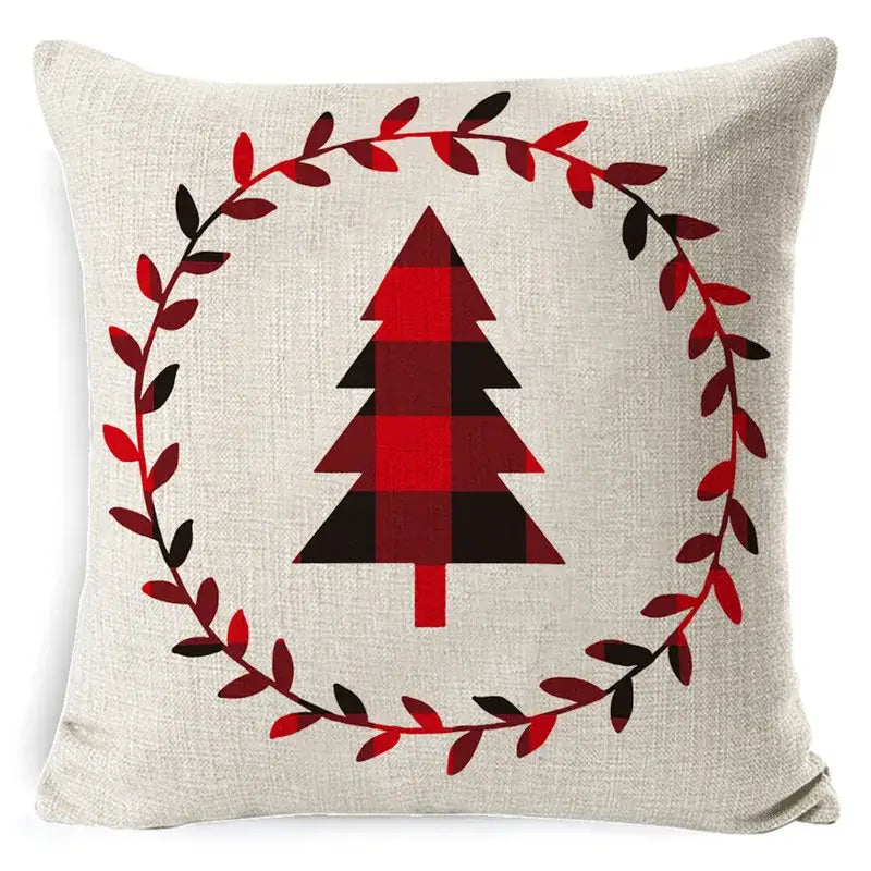 Beige linen pillow cover with red and black plaid christmas tree and wreath by decorbites christmas deer for sofa decor