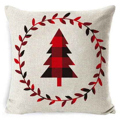 Beige linen pillow cover with red and black plaid christmas tree and wreath by decorbites christmas deer for sofa decor