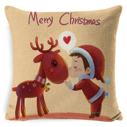 Beige linen pillow cover with decorbites christmas deer design featuring a child in santa attire kissing a reindeer