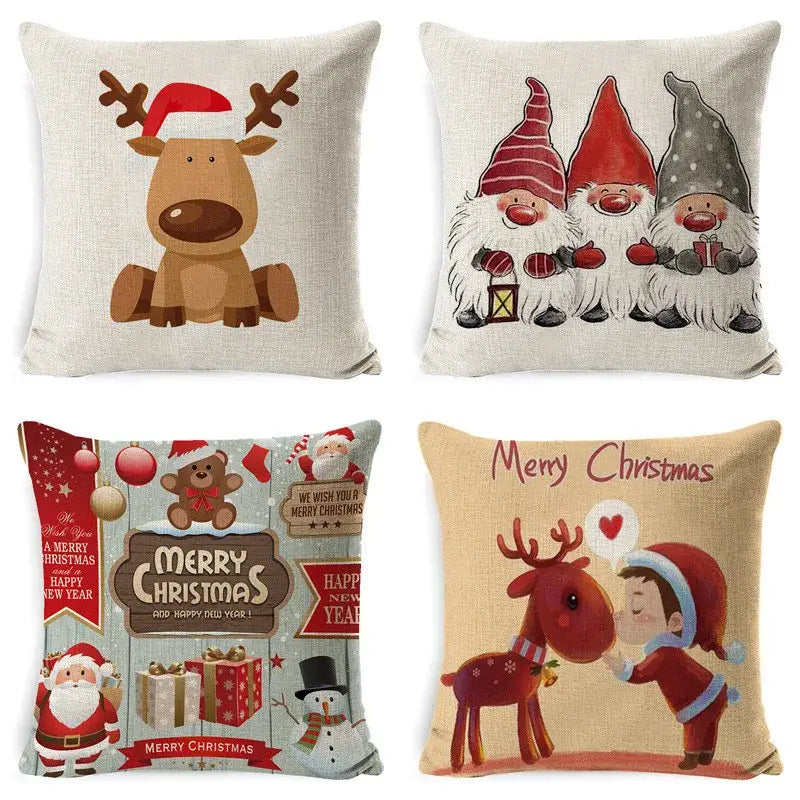 Set of four decorbites christmas deer pillow covers featuring cartoon reindeer santa and gnomes on beige linen fabric
