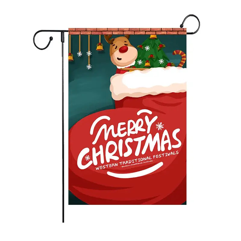 Red christmas-themed DecorBites Christmas deer garden flag featuring a cartoon reindeer in a festive stocking with merry christmas text