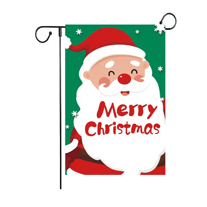Cheerful decorbites christmas deer garden flag with santa design green background and merry christmas text in red