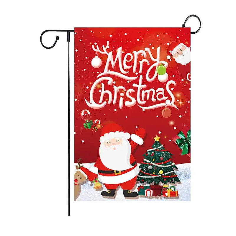 Red christmas garden flag by decorbites featuring cartoon santa tree merry christmas text for outdoor decoration with christmas deer design