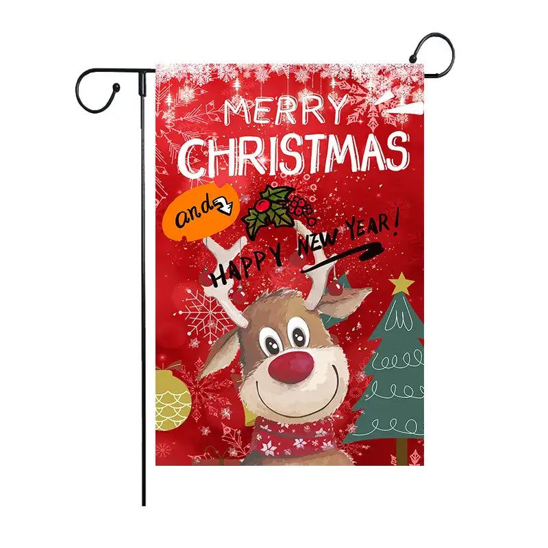 Red christmas garden flag by decorbites featuring cartoon christmas deer with scarf and festive holiday snowflakes design