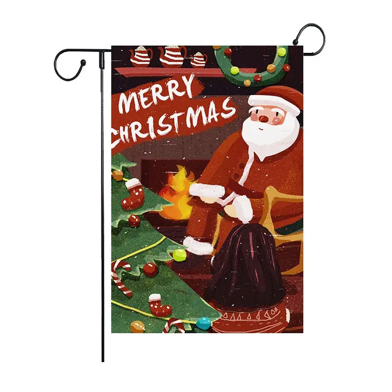 Red and green decorbites christmas deer garden flag featuring cartoon santa by fireplace with festive decorations