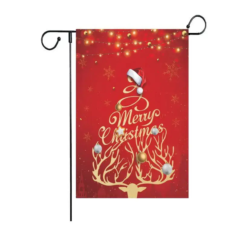 Red christmas garden flag with gold foil lettering and christmas deer silhouette by decorbites christmas deer