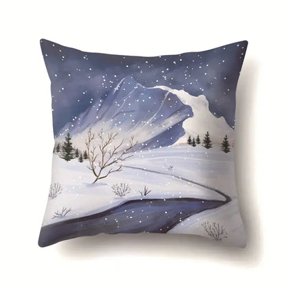 Square pillow case by decorbites christmas deer featuring a serene winter landscape with snow-covered mountains and trees