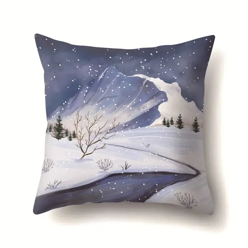Square pillow case by DecorBites Christmas Deer featuring a winter landscape with snow-covered mountains and falling stars