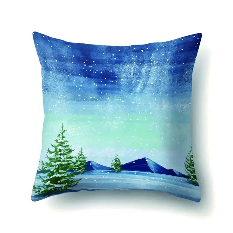 Square pillow case with decorbites christmas deer snow design featuring winter landscape and blue gradient sky