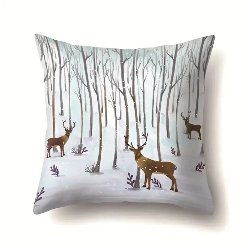 Square pillow case by DecorBites Christmas Deer featuring a winter forest scene with brown deer on light gray fabric