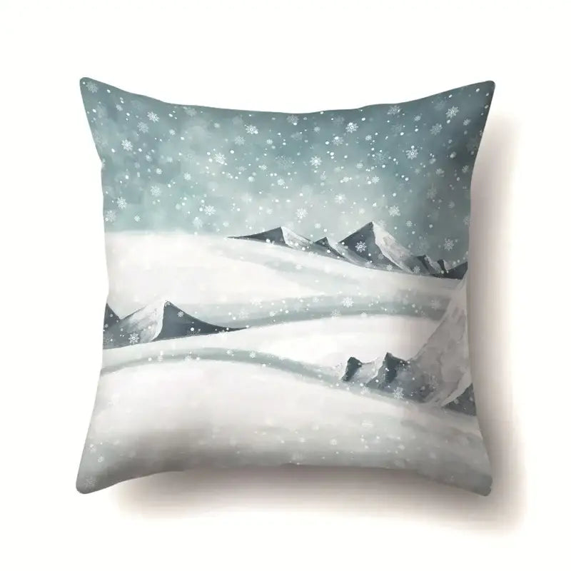 Square pillow case featuring decorbites christmas deer snow design with watercolor winter mountains and teal sky