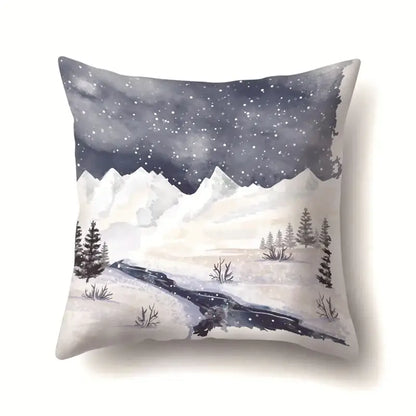 Square pillow case with decorbites christmas deer snow design featuring watercolor winter landscape and pine trees