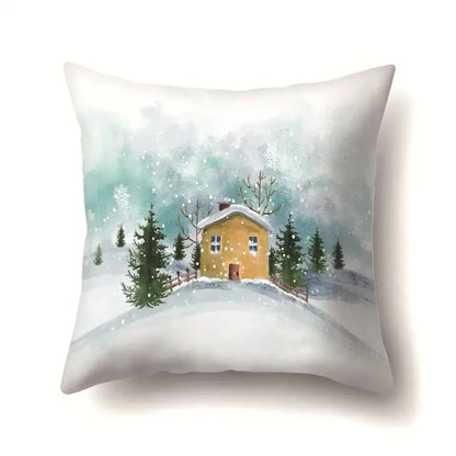White throw pillow case with watercolor cozy yellow house and evergreen trees in snow for decorbites christmas deer snow use