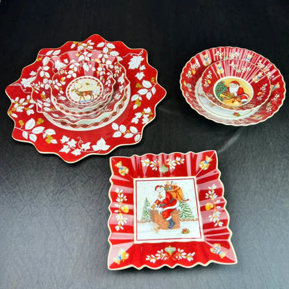 Set of three red ceramic christmas dinnerware set dishes with white floral holiday illustrations by decorbites christmas dinnerware