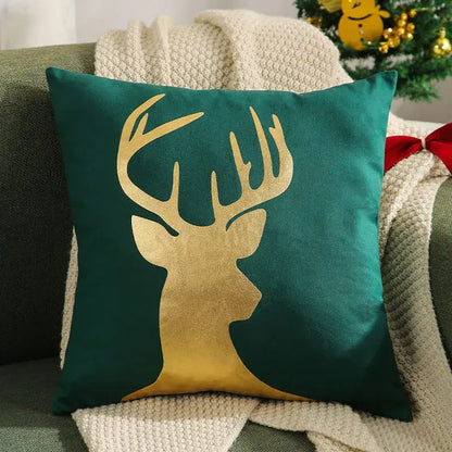 Emerald green velvet cushion cover with gold foil decorbites christmas elk embroidered deer silhouette design
