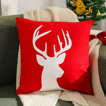 Red square cushion cover with white deer silhouette featuring decorbites christmas elk embroidered design