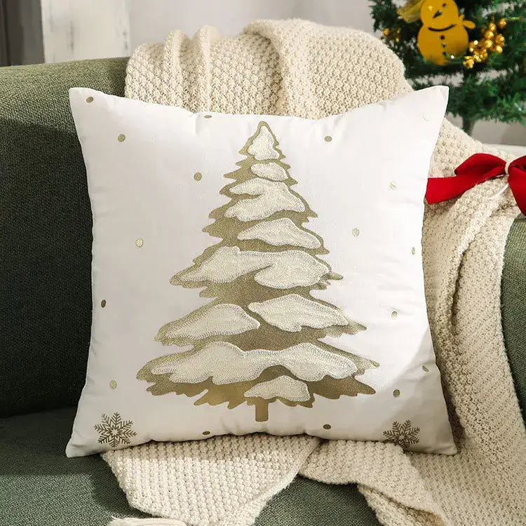White throw pillow cushion cover with decorbites christmas elk embroidered gold tree and snowflake design