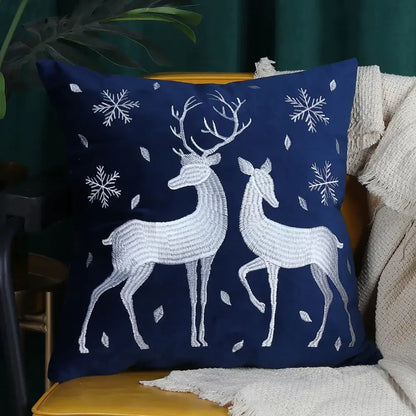Navy blue cushion cover with embroidered white deer and snowflakes by decorbites christmas elk holiday decor