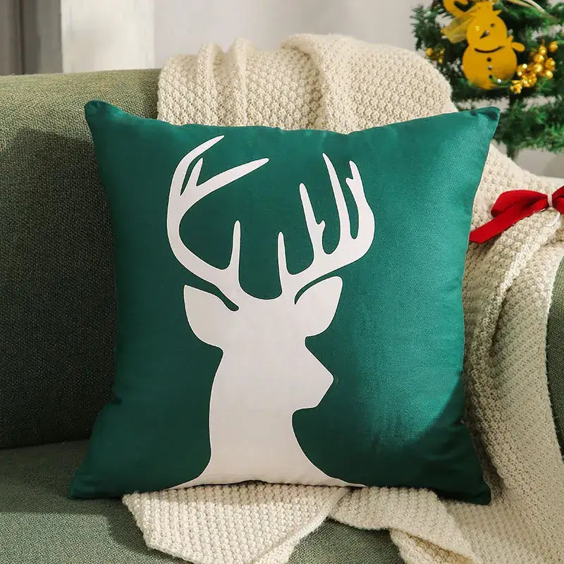 Teal velvet pillow cover with bold white deer silhouette by decorbites christmas elk for festive decor