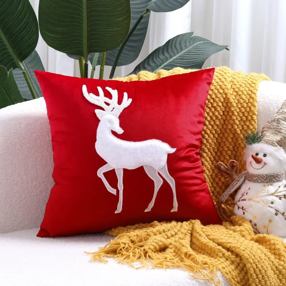 Red velvet pillow cover with white embroidered reindeer design decorbites christmas elk festive pillowcase 45x45cm