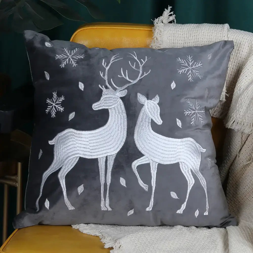 Gray velvet pillow cover with embroidered white christmas elk and snowflakes decorbites christmas elk design 45x45cm