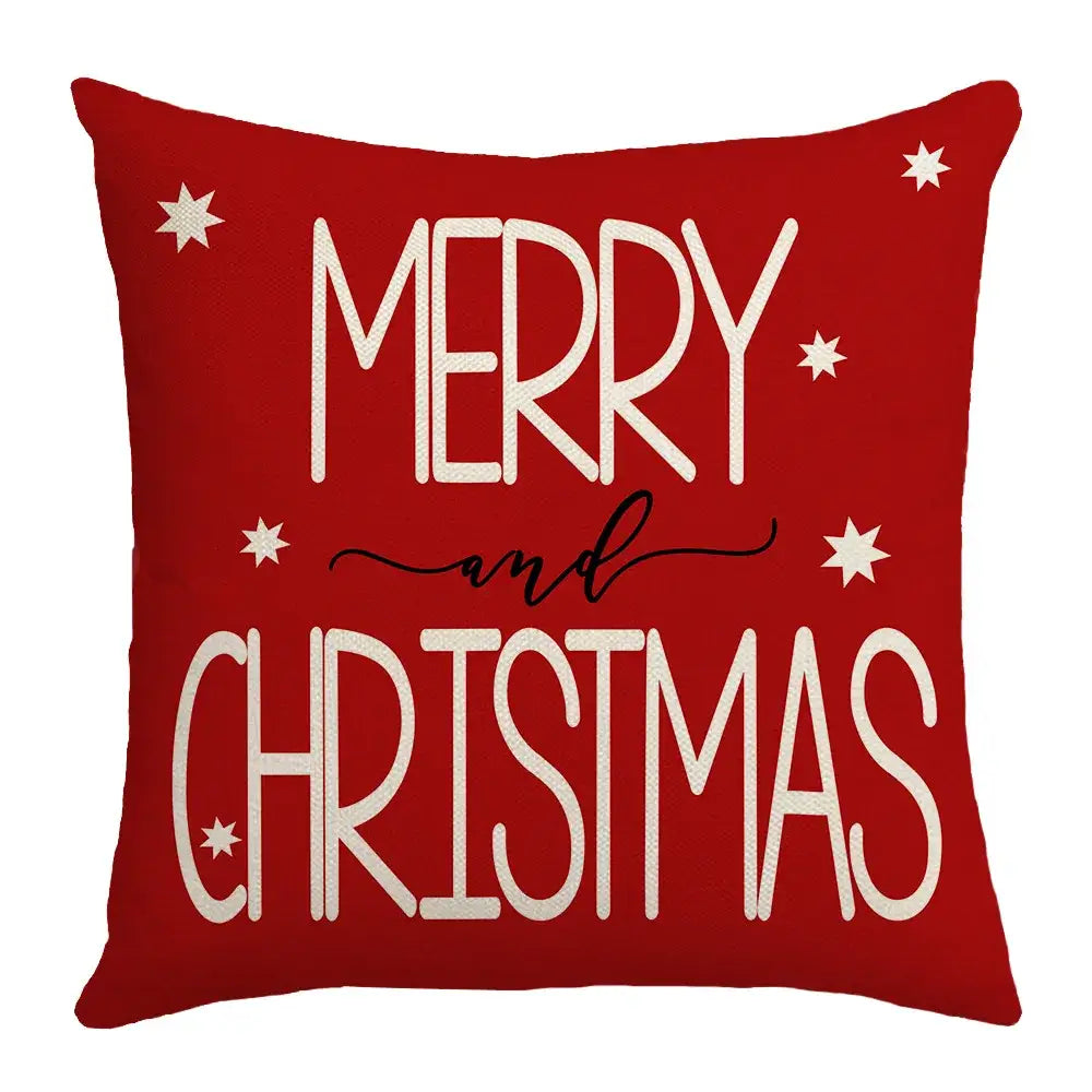Red square DecorBites Christmas elk letter pillowcase with merry and christmas white lettering and star accents for living room