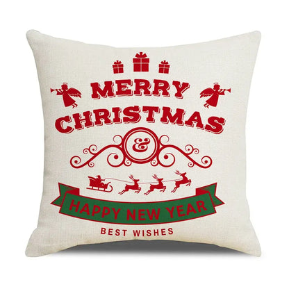 Cream-colored linen throw pillow with festive red green elk letter design and merry christmas happy new year text by DecorBites christmas elk