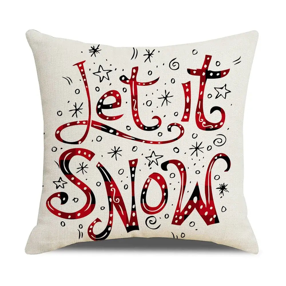 Cream-colored decorbites christmas elk letter throw pillowcase with let it snow print in red and black cursive script