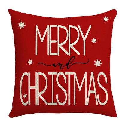 Red square pillowcase with merry and christmas lettering and star accents from decorbites christmas elk letter collection
