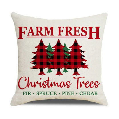 Cream-colored decorbites christmas elk throw pillow featuring red and black plaid christmas tree design 45x45cm