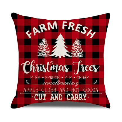 Decorbites christmas elk letter red and black plaid throw pillow with farm fresh christmas trees text and pine tree design