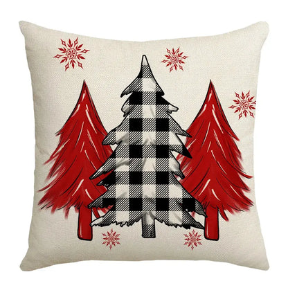 Beige linen throw pillow with a festive red and black christmas elk letter design by DecorBites for living room