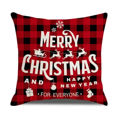 DecorBites christmas elk pillowcase 45x45cm red and black plaid with white merry christmas text and festive icons red letter design