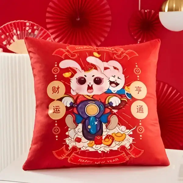Red satin decorbites christmas elk pillowcase featuring embroidered cartoon rabbits with gold coin and red letter design