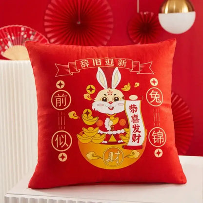 Red velvet decorbites christmas elk pillowcase 45x45cm with cartoon rabbit gold coins scroll and red letter design