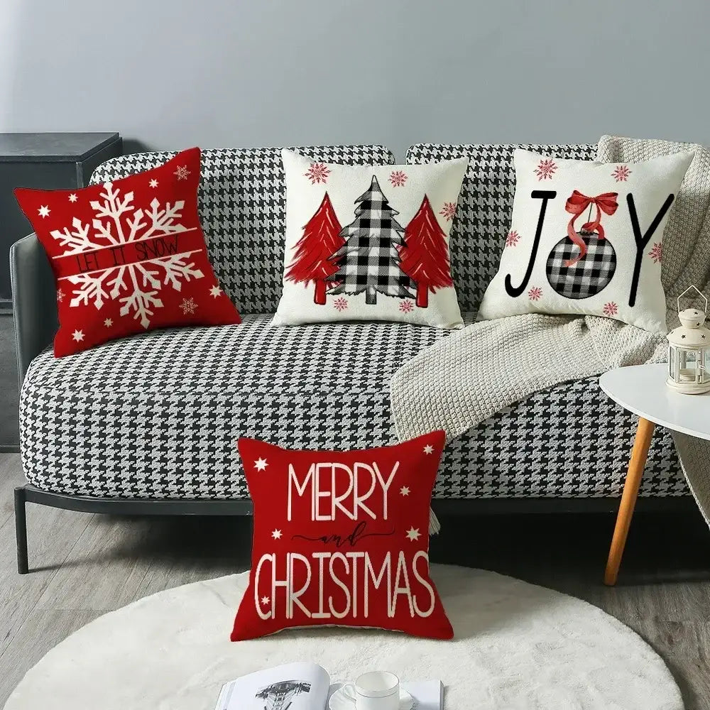 DecorBites Christmas elk red letter design throw pillow with white embroidered merry and christmas text and snowflakes