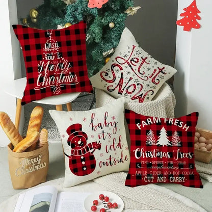 Decorbites christmas elk throw pillows featuring red and black buffalo check with festive red letter design