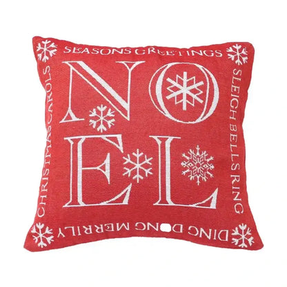 Red throw pillow with white embroidered snowflakes and text in decorbites christmas elk red letter design