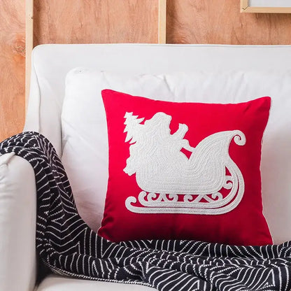 Red square decorbites christmas embroidered pillow cover with white sleigh design made of cotton canvas for holiday decor