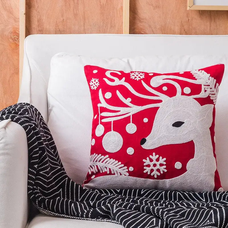 Decorbites christmas embroidered red and white cotton canvas pillow covers with reindeer snowflakes and pine branches