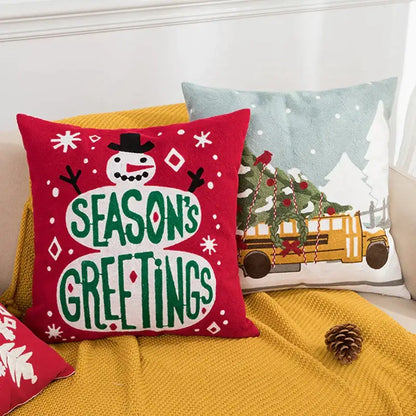 Red decorbites christmas embroidered cushion cover 45x45cm featuring snowman green lettering and white snowflakes on plush fabric